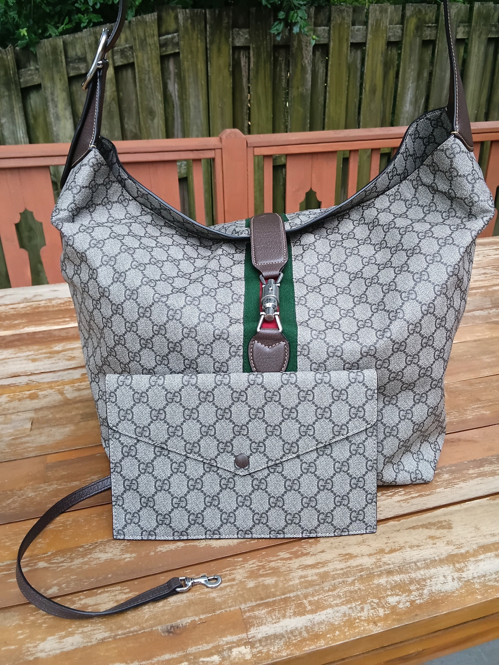 Gucci Beige/Gray Monogram Travel Tote with Green & Red Web Stripe - COA INCLUDED